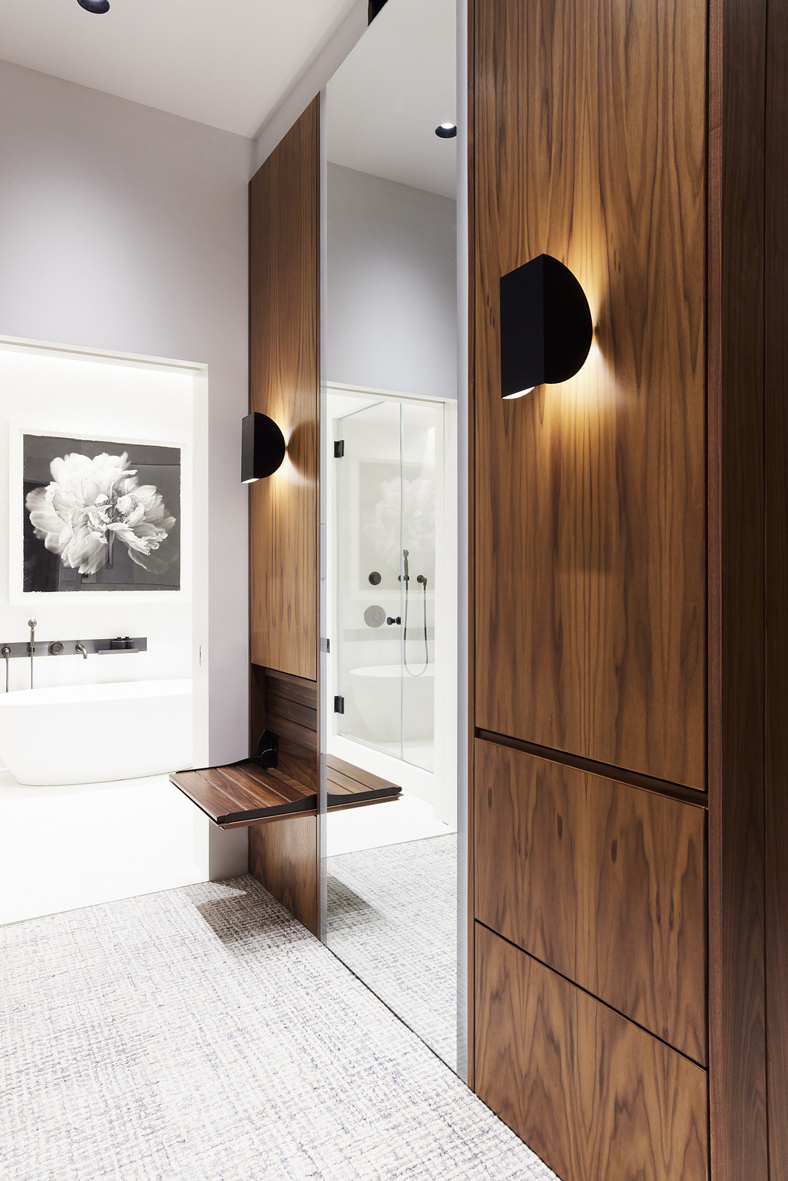 Walnut paneling and fold-down bench, Chelsea Master Suite, Manhattan: finish work by AIK Renovations