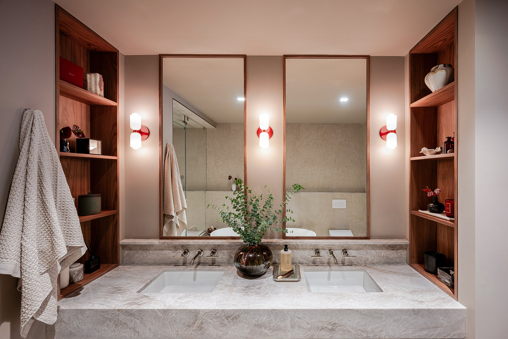 Stone vanity with walnut shelving, Murray Hill Residence, Manhattan: finish work by AIK Renovations
