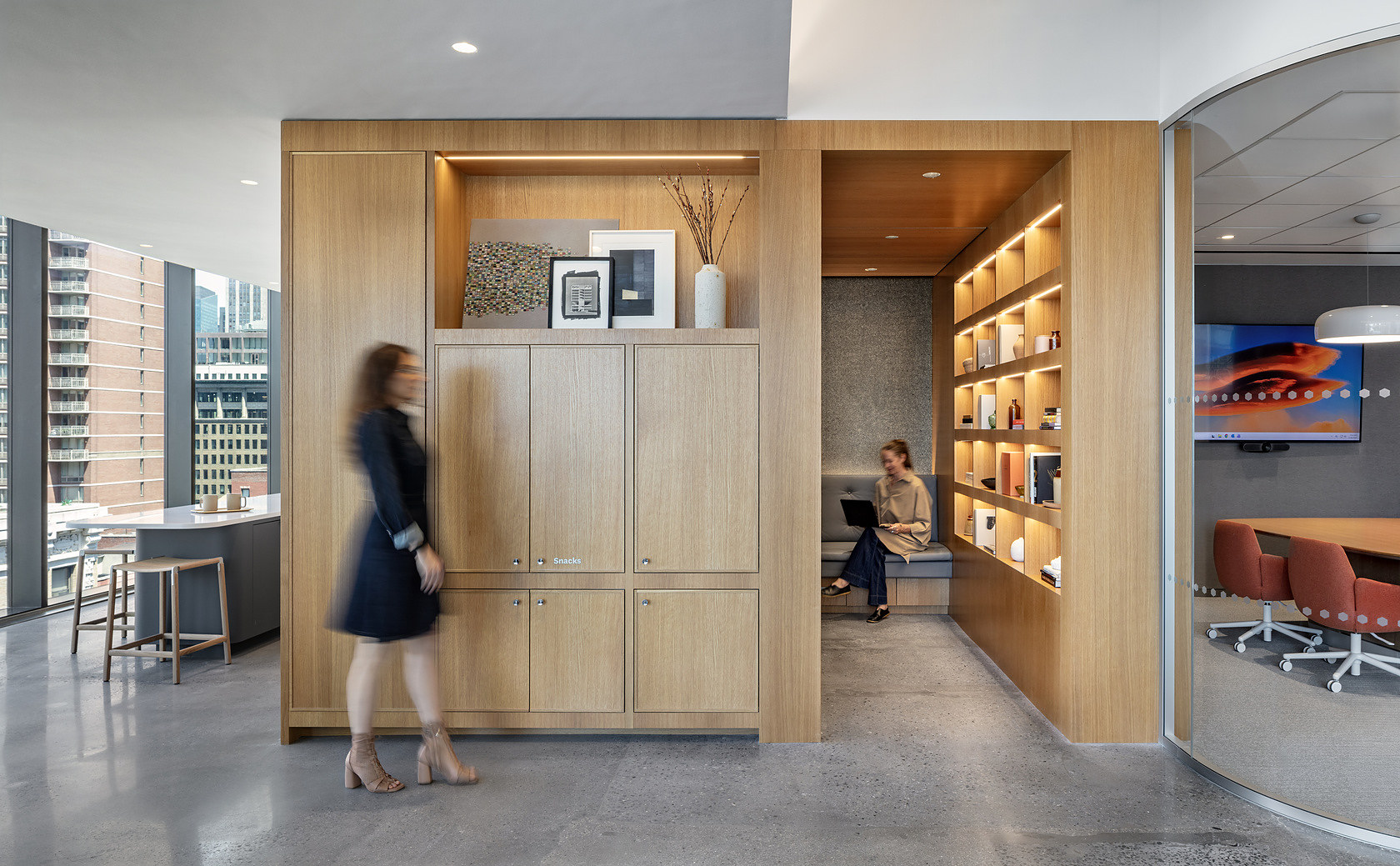 White oak millwork and library niche, Prosek Offices in NoMad, Manhattan: finish work by AIK Renovations
